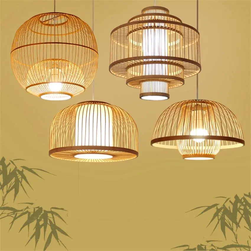 Bamboo Pendant Light E27 Dome Round or Lantern 8 Sizes