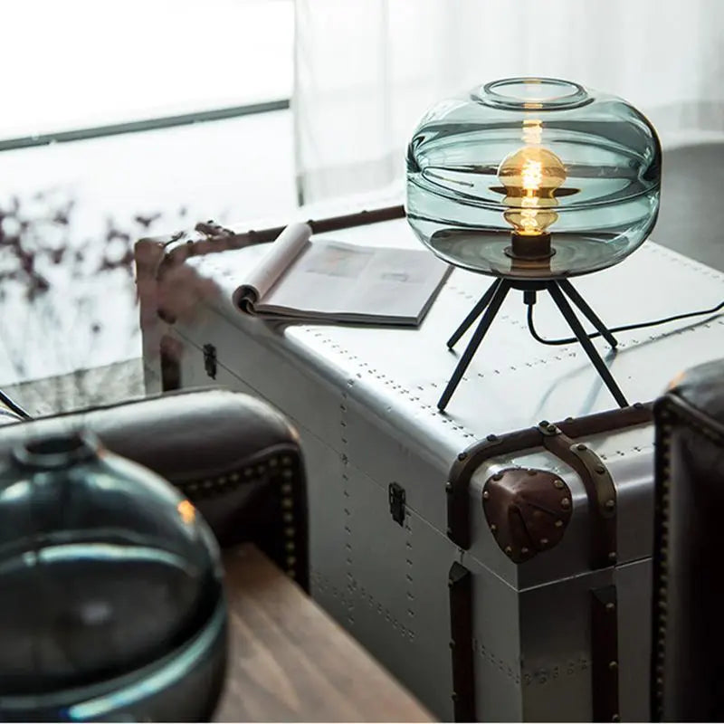 Glasdom Table Lamp Glass Dome Iron Tripod E27 Cyan Brown