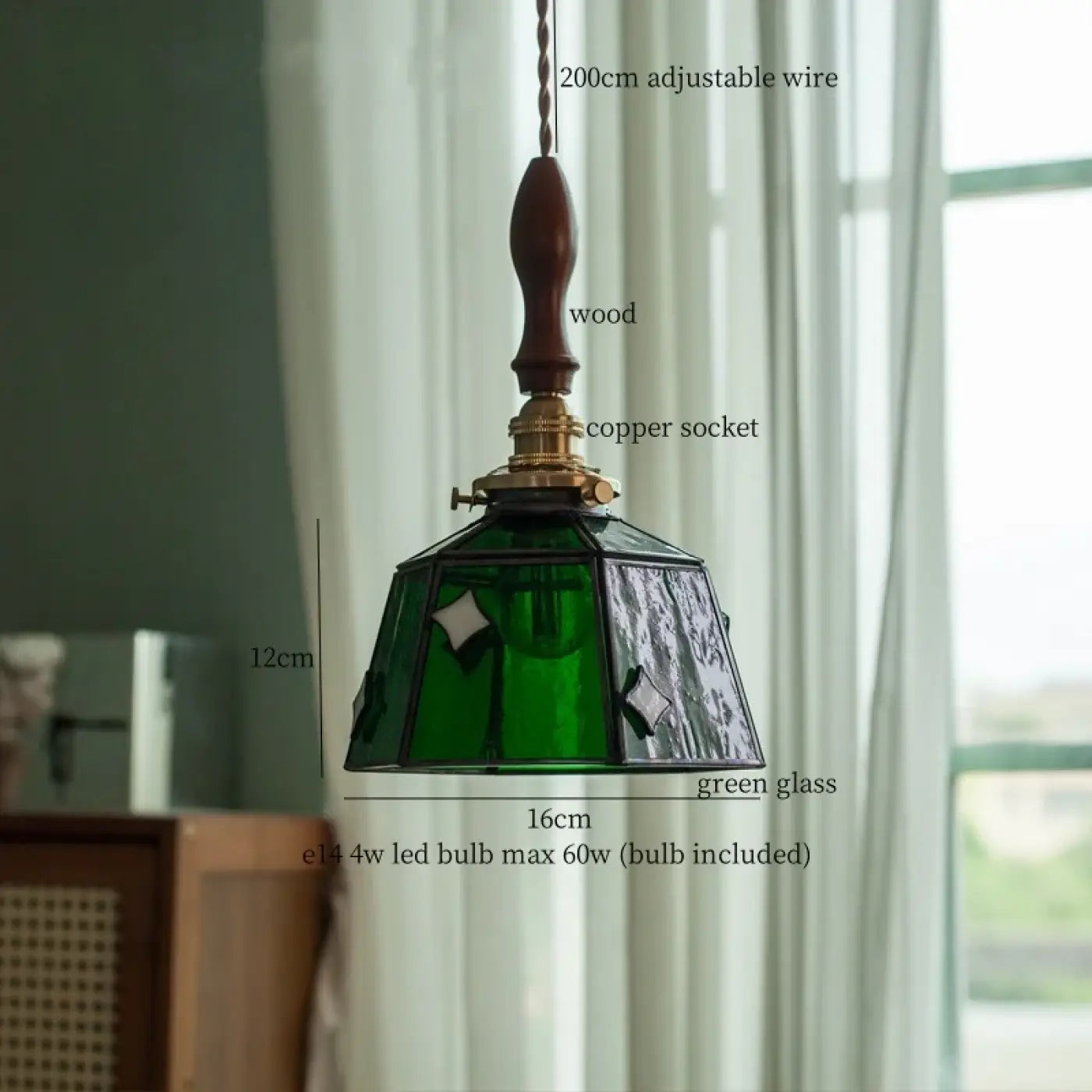 Art Deco Green Glass Copper Metal Pendant Light E14 LED 4W
