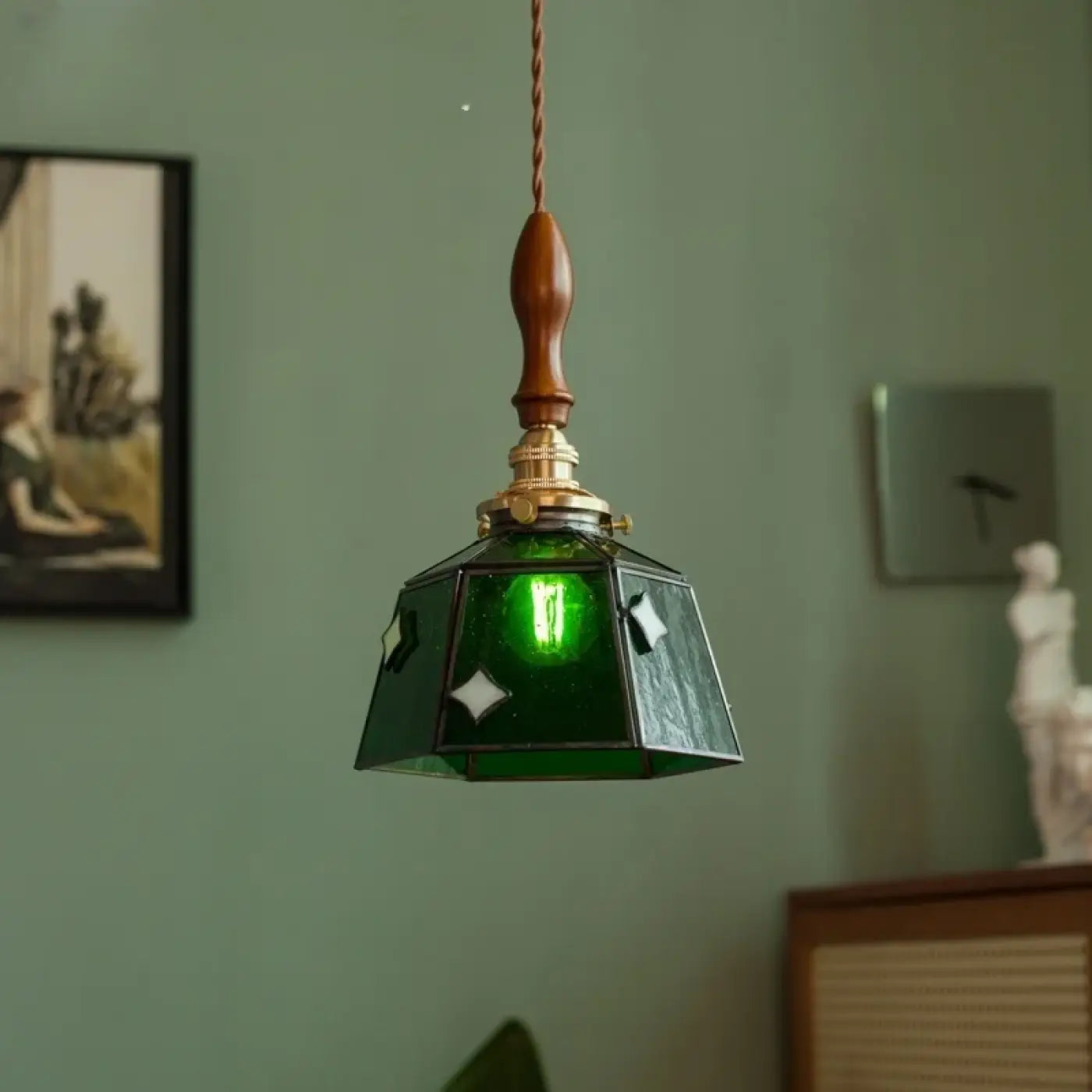 Art Deco Green Glass Copper Metal Pendant Light E14 LED 4W