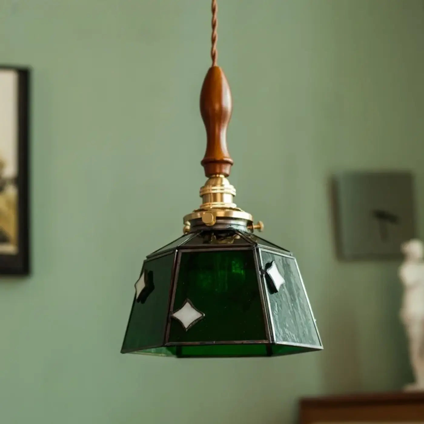 Art Deco Green Glass Copper Metal Pendant Light E14 LED 4W
