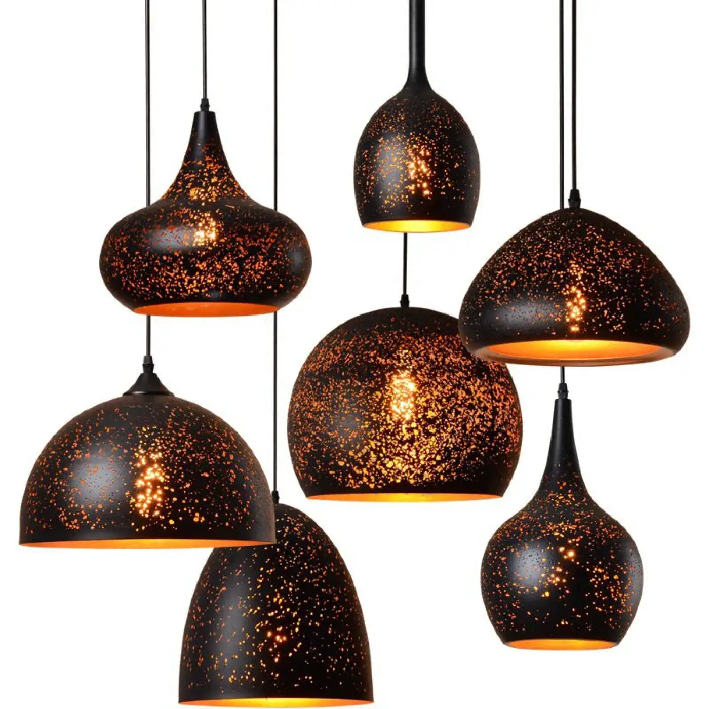 Matte Black Artistic Pendant Light E27 IP65 — 7 Shapes, 3000K LED Included