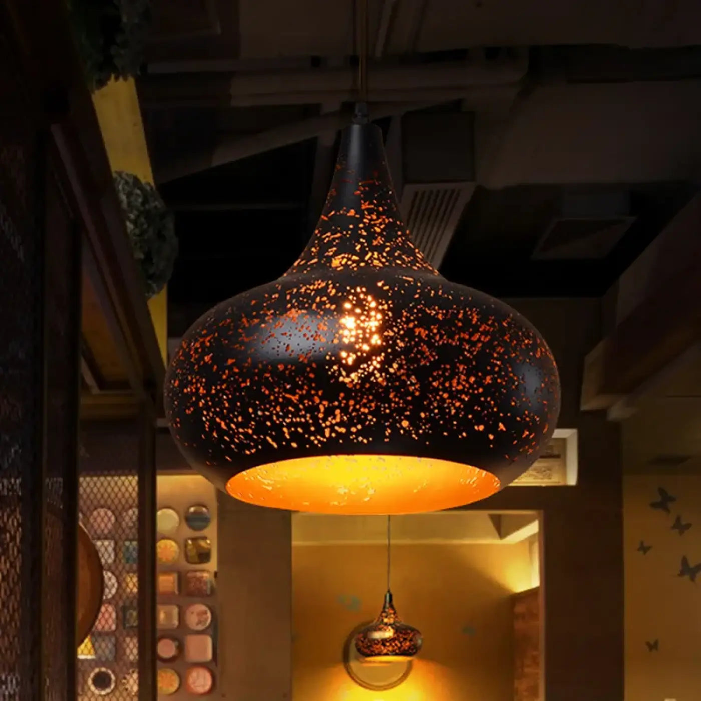Matte Black Artistic Pendant Light E27 IP65 — 7 Shapes, 3000K LED Included