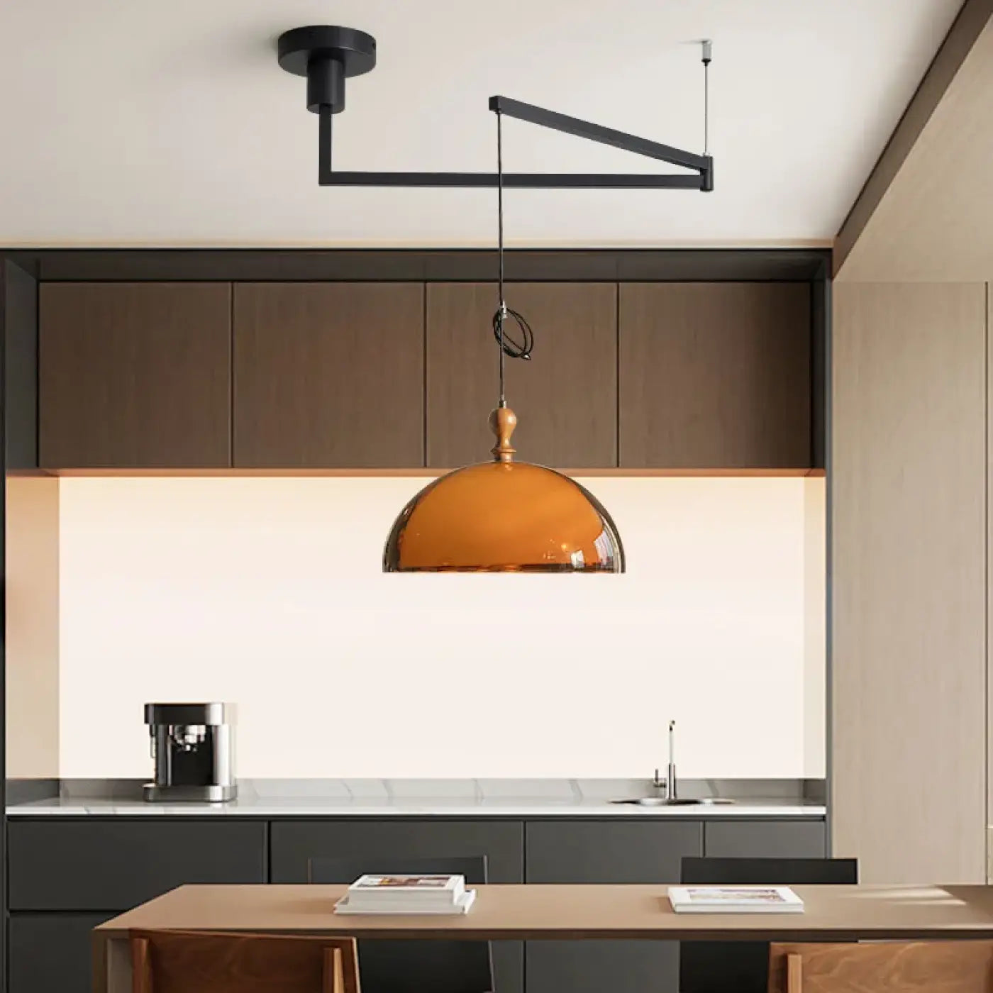 Amber Glass Dome Pendant Light Wood Acrylic E27 Dimmable Brown