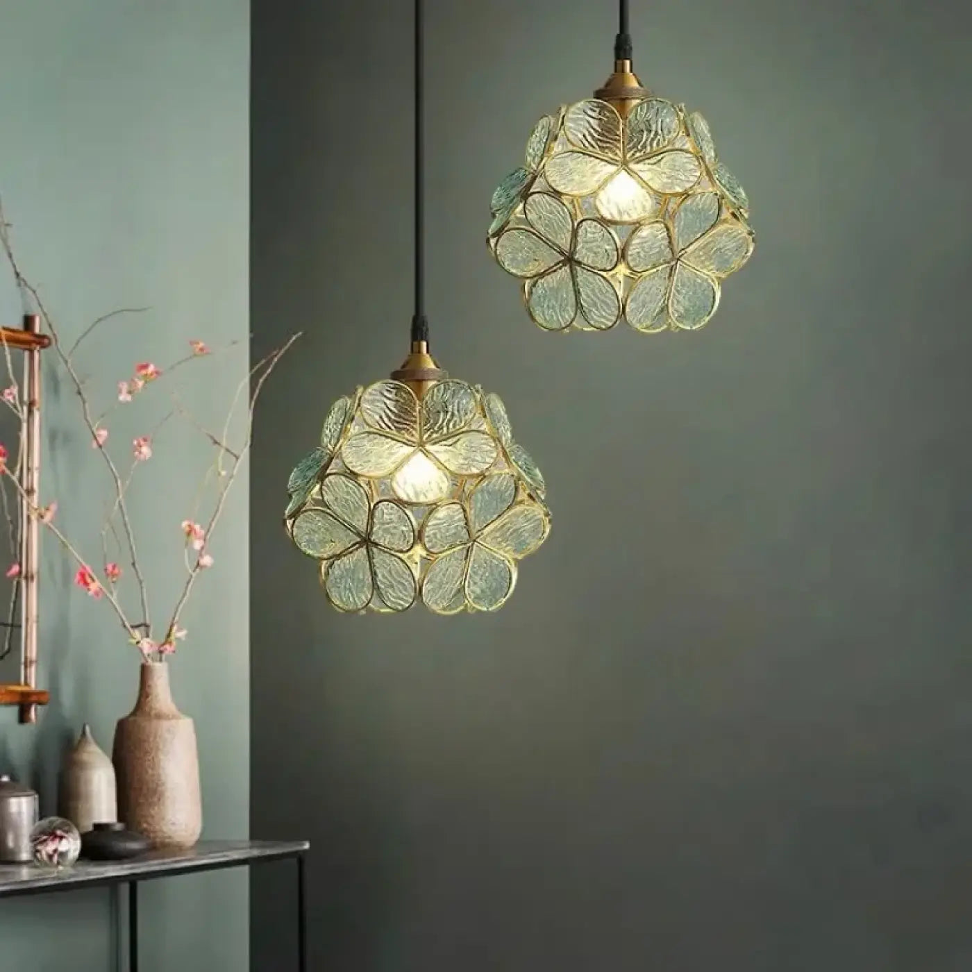 Coloured Glass Flower Pendant Light E27 10W Pink Gold Green