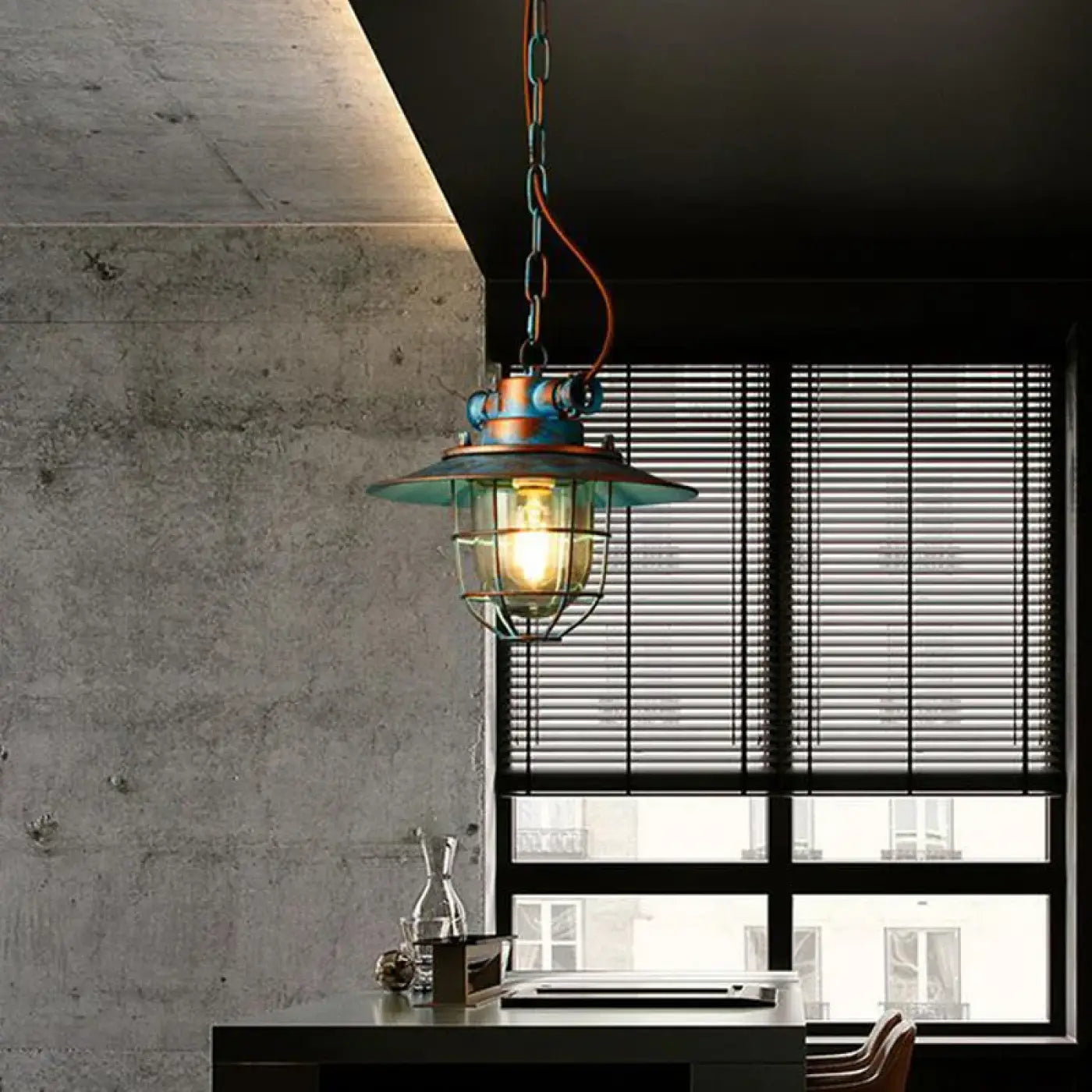 Blue Aged Metal Cage Pendant Light E27 Industrial Retro 28cm