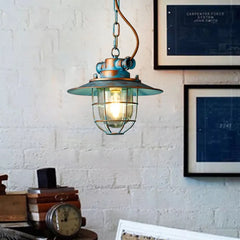Blue Aged Metal Cage Pendant Light E27 Industrial Retro 28cm