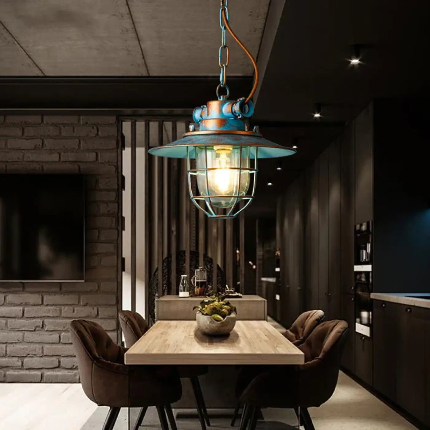 Blue Aged Metal Cage Pendant Light E27 Industrial Retro 28cm