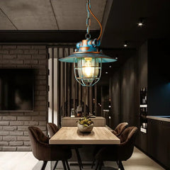 Blue Aged Metal Cage Pendant Light E27 Industrial Retro 28cm