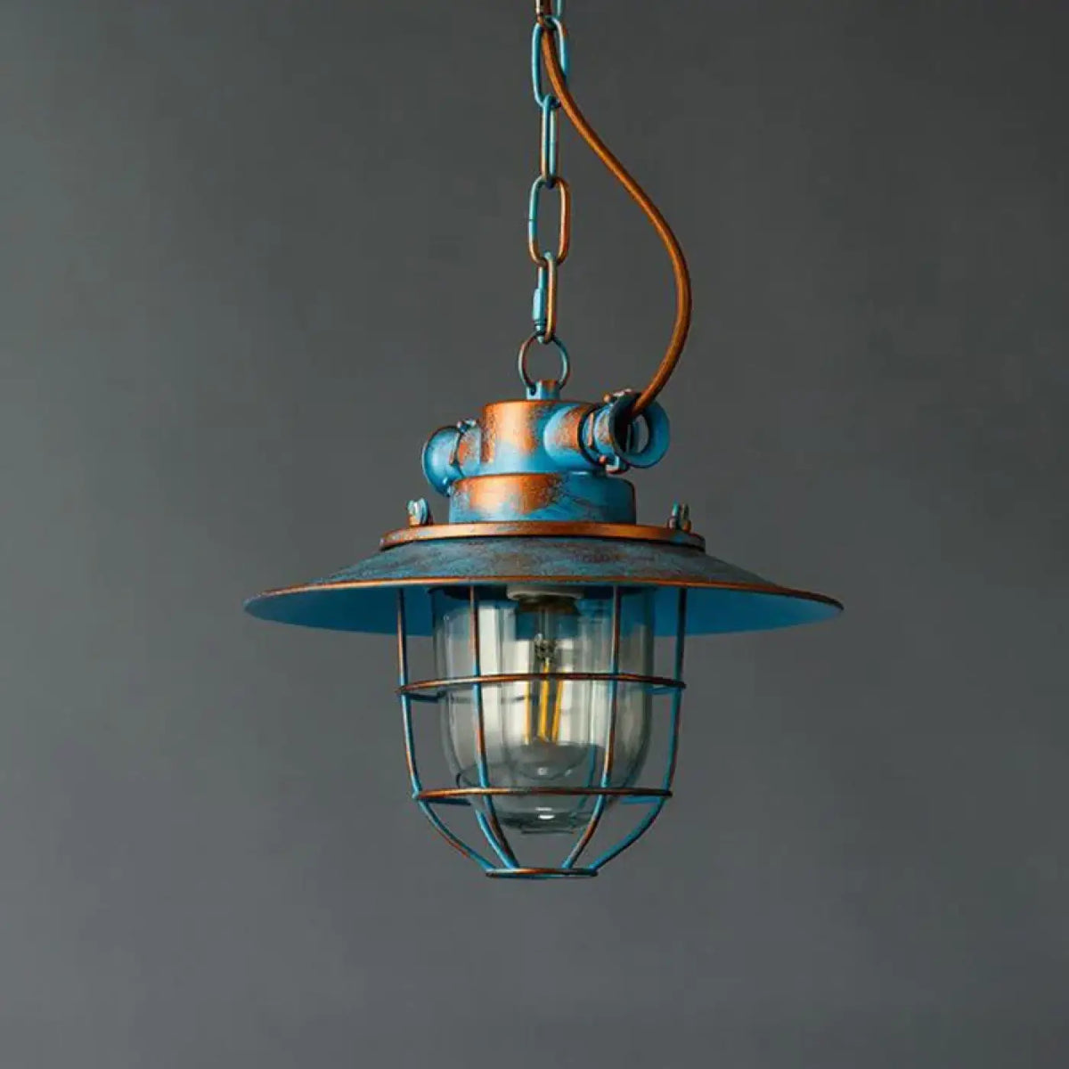 Blue Aged Metal Cage Pendant Light E27 Industrial Retro 28cm