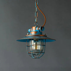 Blue Aged Metal Cage Pendant Light E27 Industrial Retro 28cm