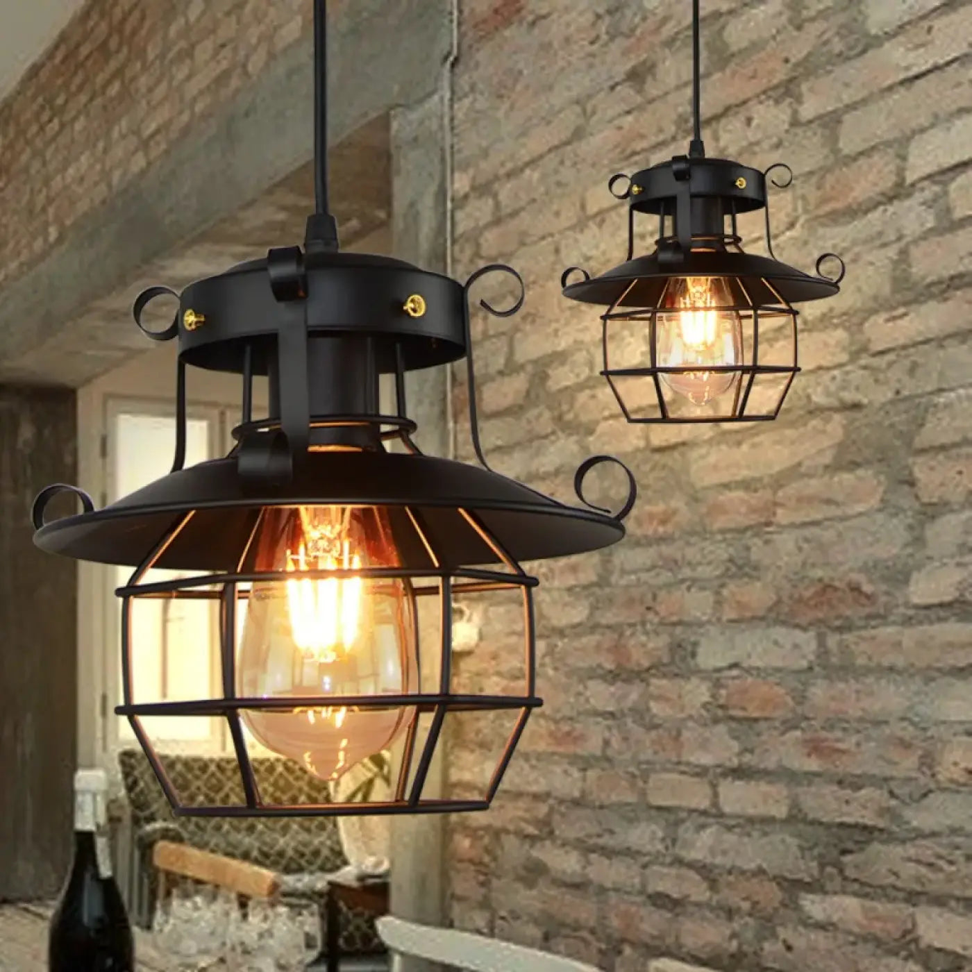 Industrial Lantern Pendant Light Black Metal Glass E27