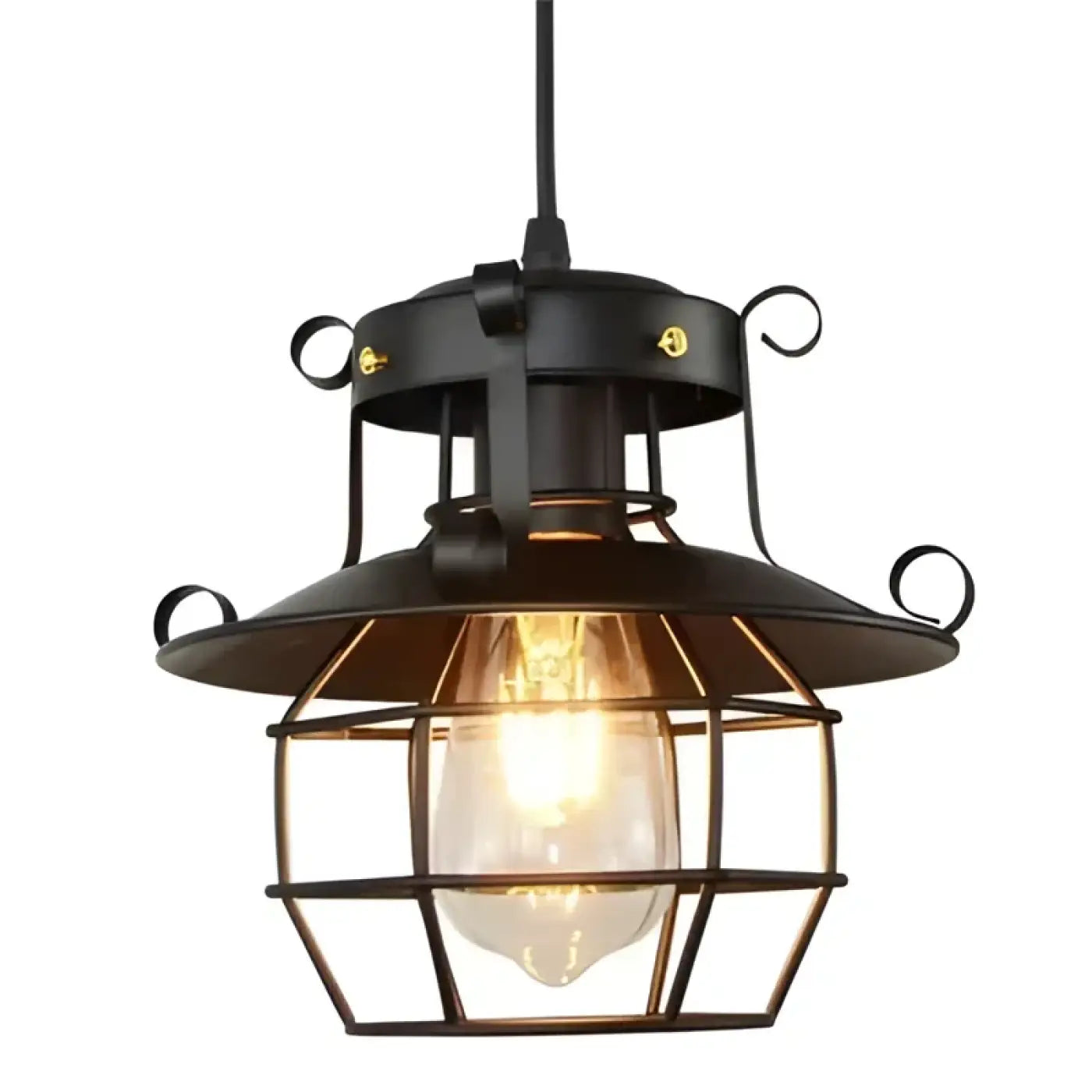 Industrial Lantern Pendant Light Black Metal Glass E27