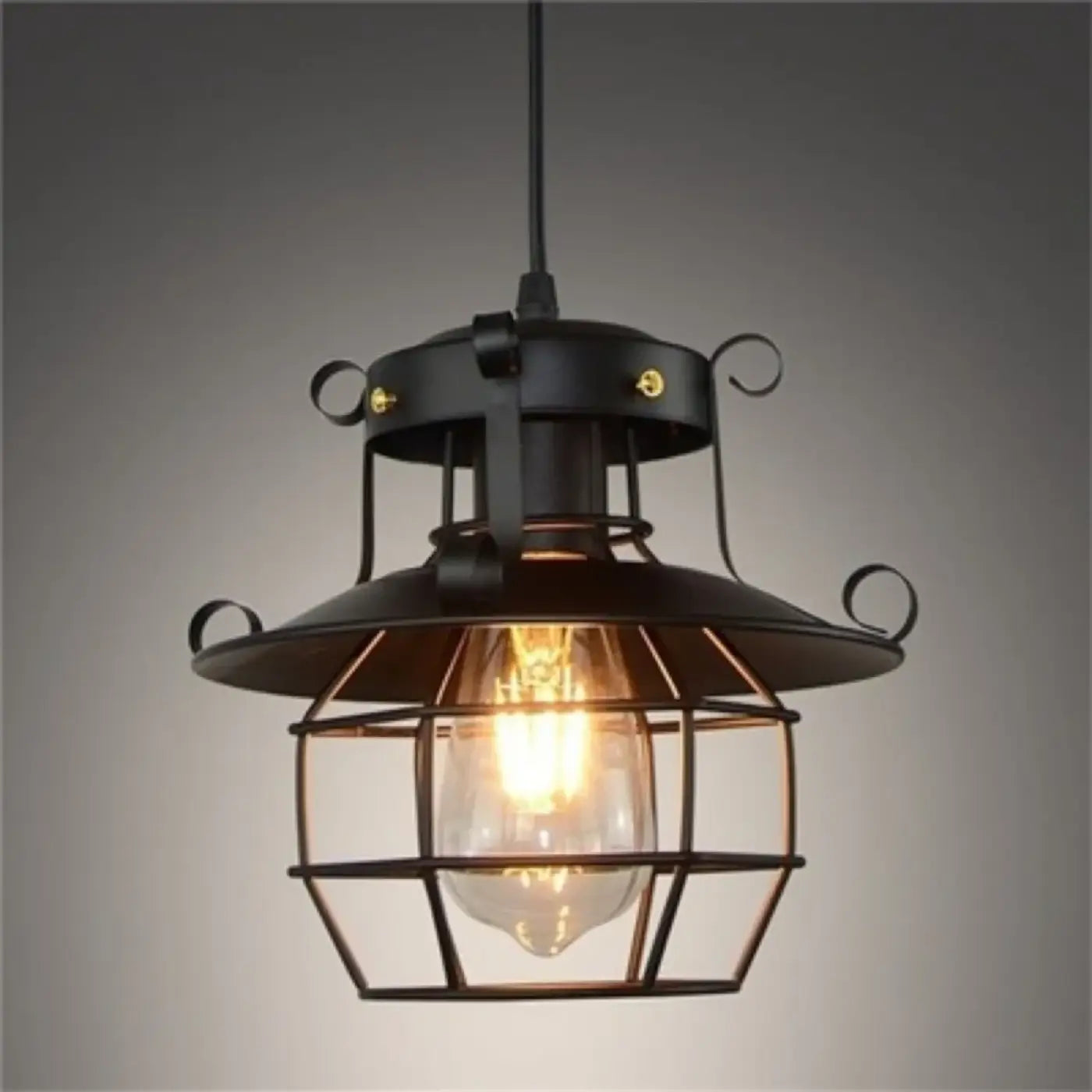 Industrial Lantern Pendant Light Black Metal Glass E27