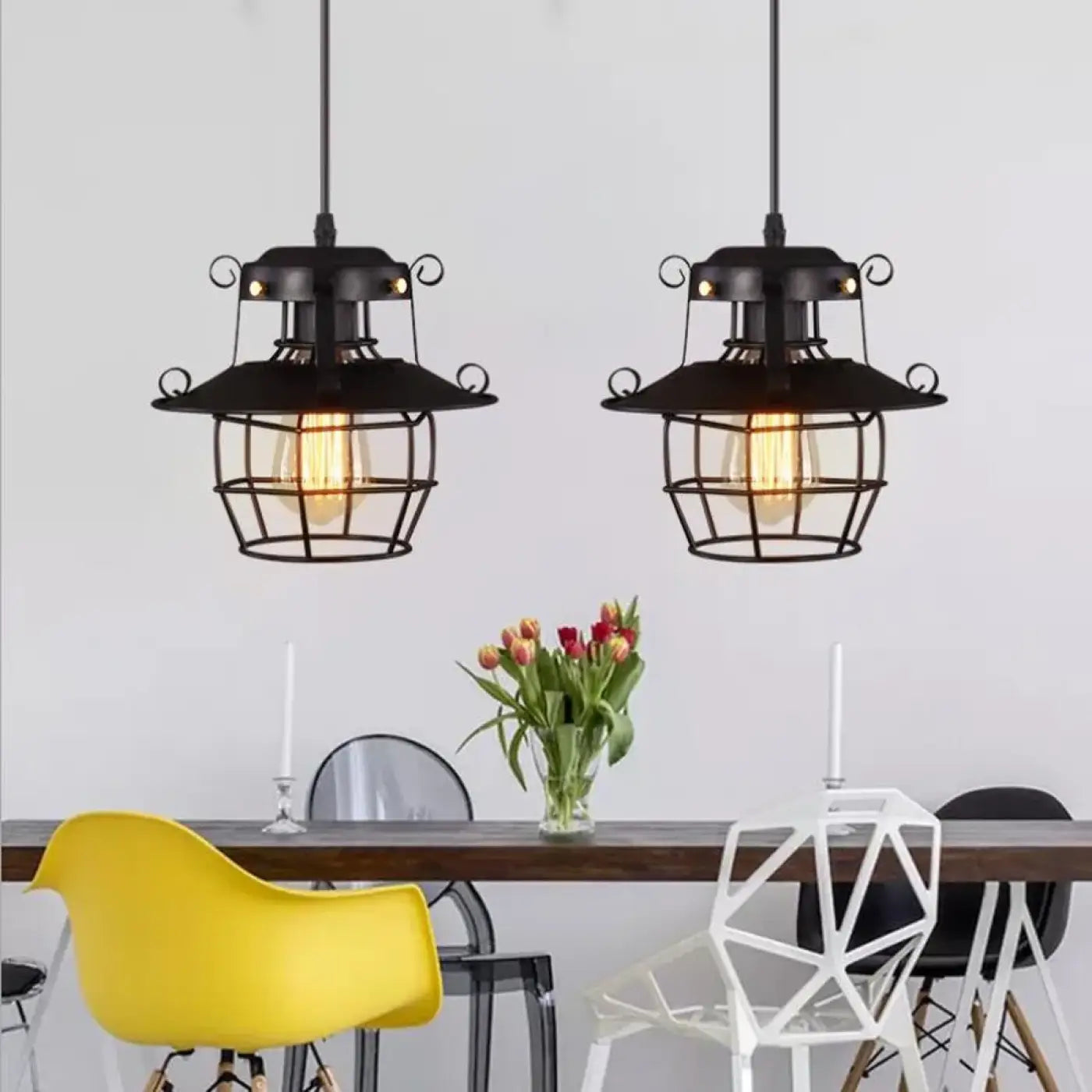 Industrial Lantern Pendant Light Black Metal Glass E27