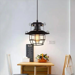 Industrial Lantern Pendant Light Black Metal Glass E27
