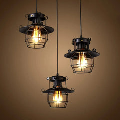 Industrial Lantern Pendant Light Black Metal Glass E27