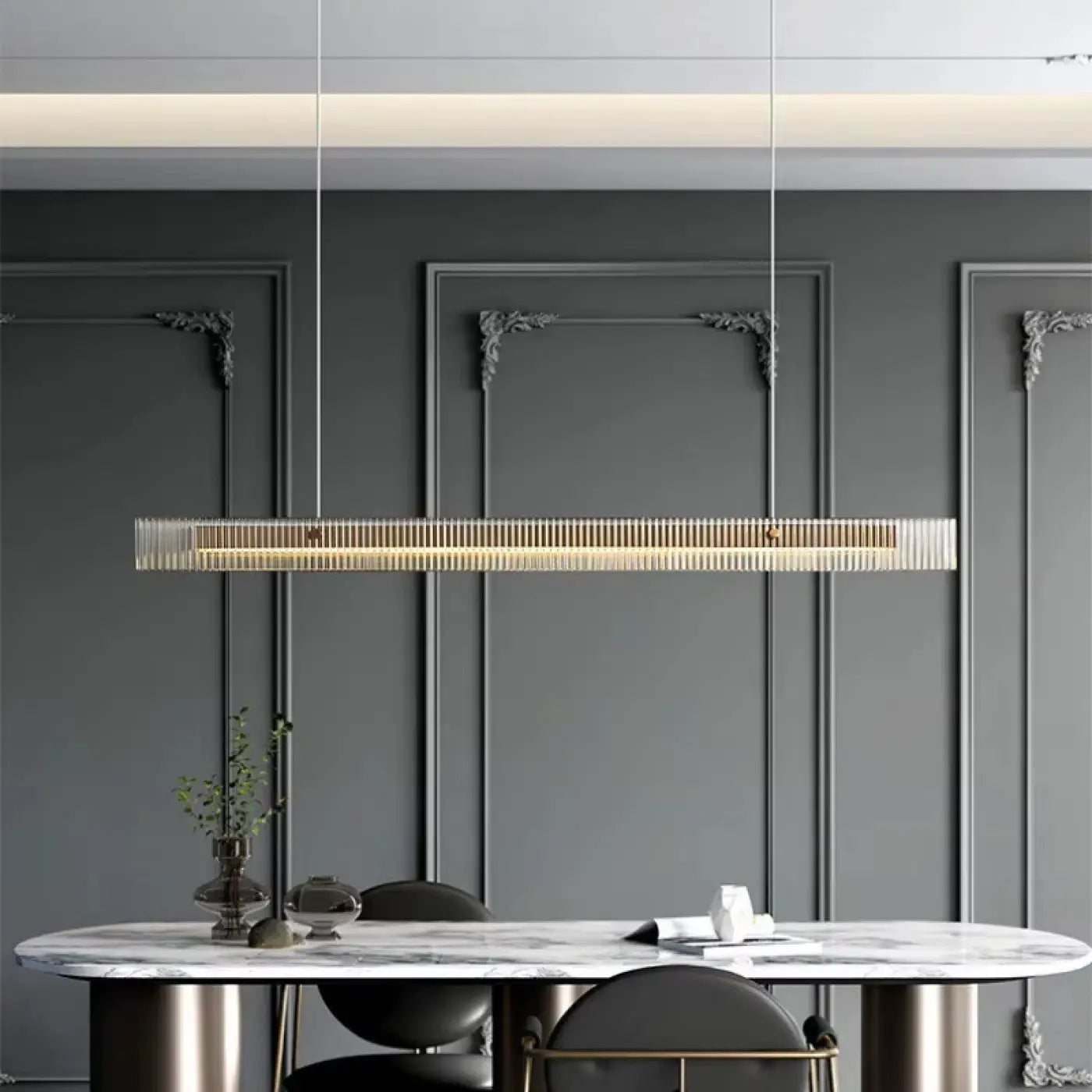 Ribbed Glass Linear LED Pendant Light — S/M/L, Dimmable Option