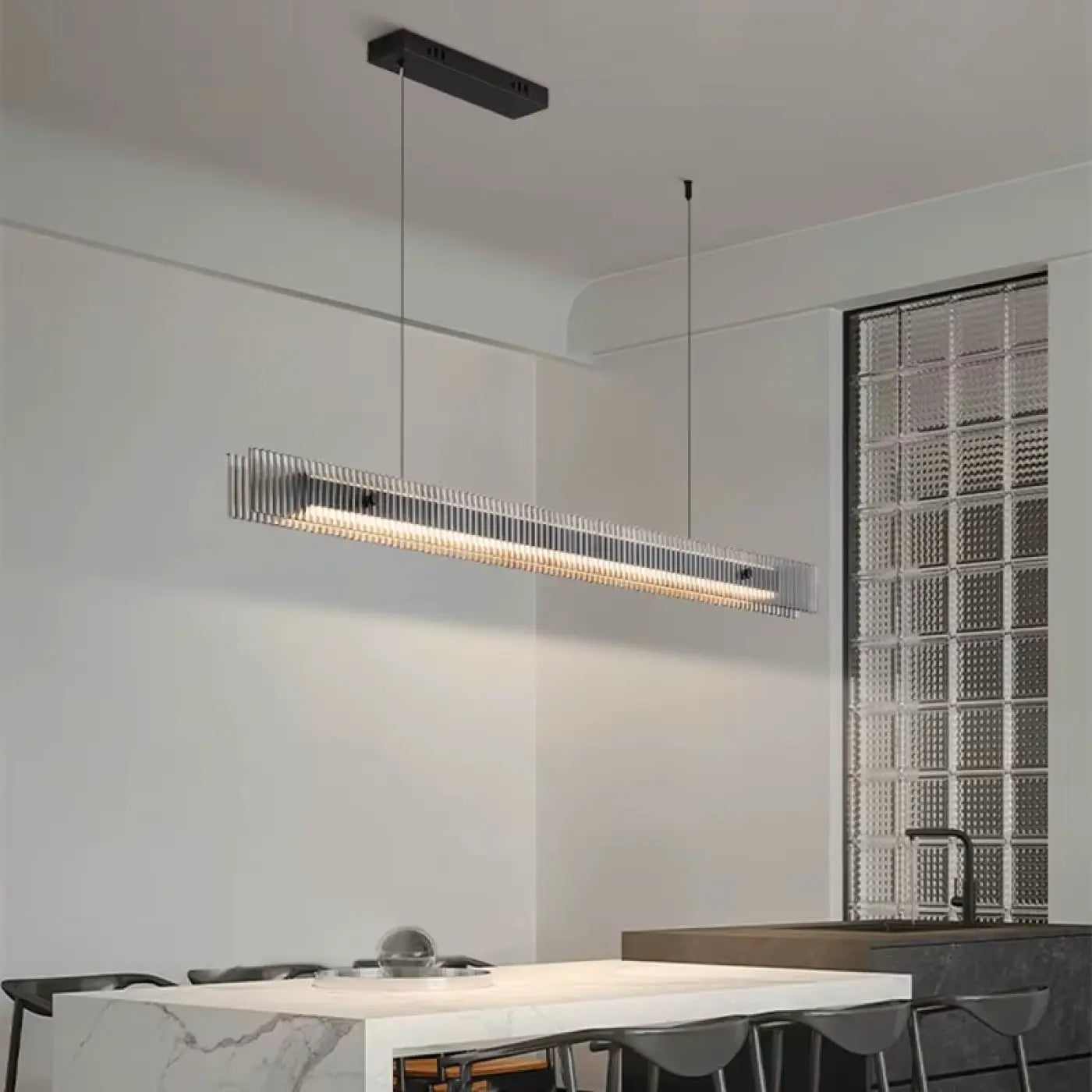 Ribbed Glass Linear LED Pendant Light — S/M/L, Dimmable Option