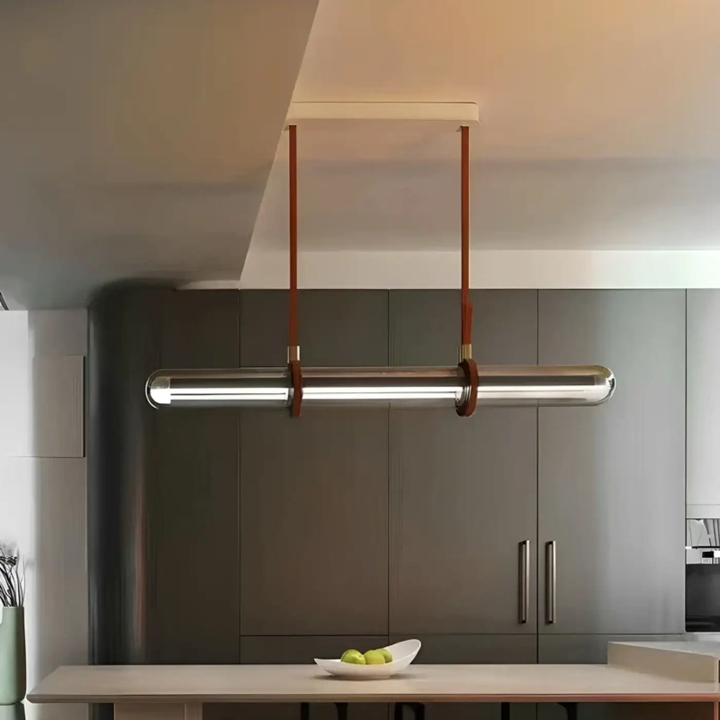 Leather Glass Linear Pendant Light E27 Brown S/M