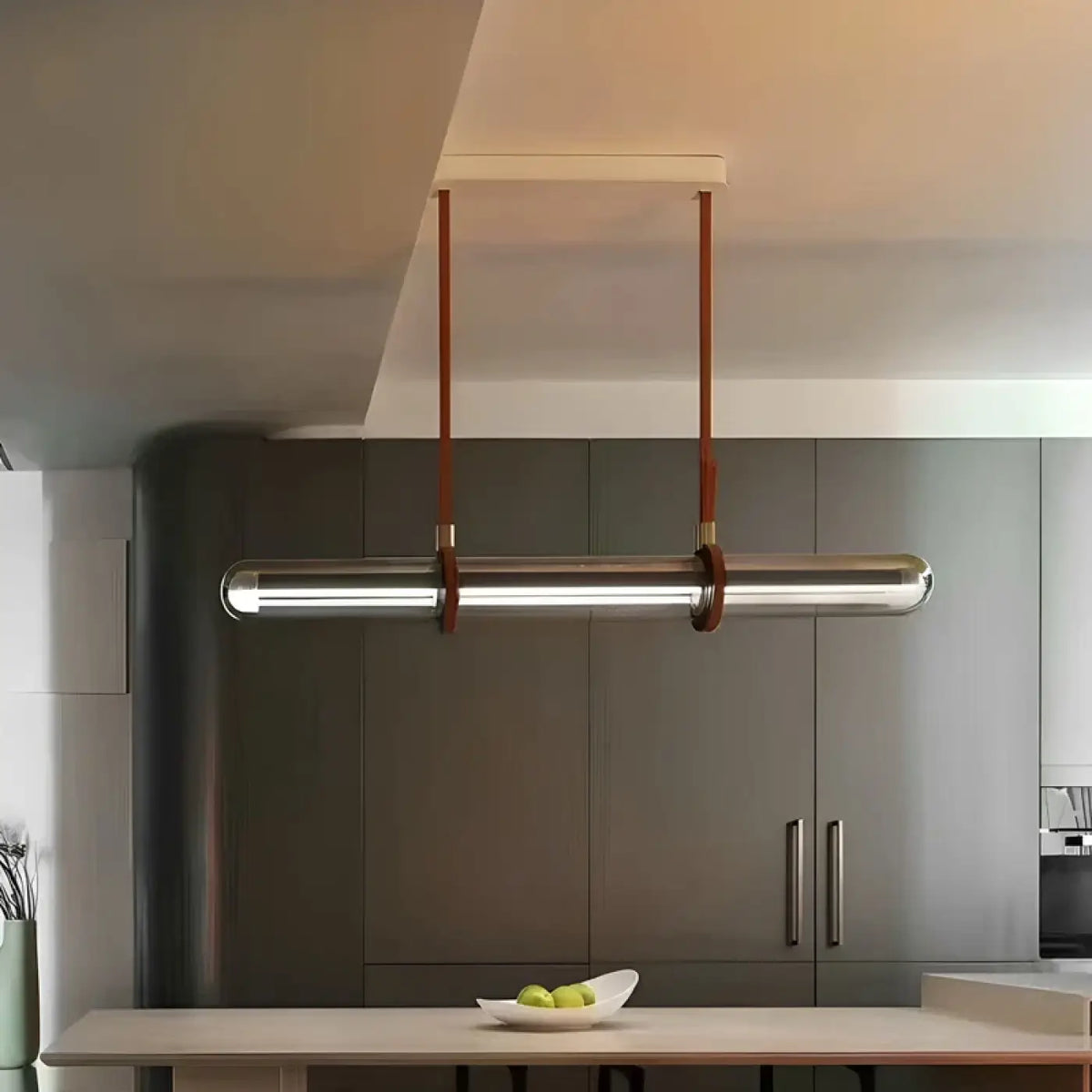 Leather Glass Linear Pendant Light E27 Brown S/M