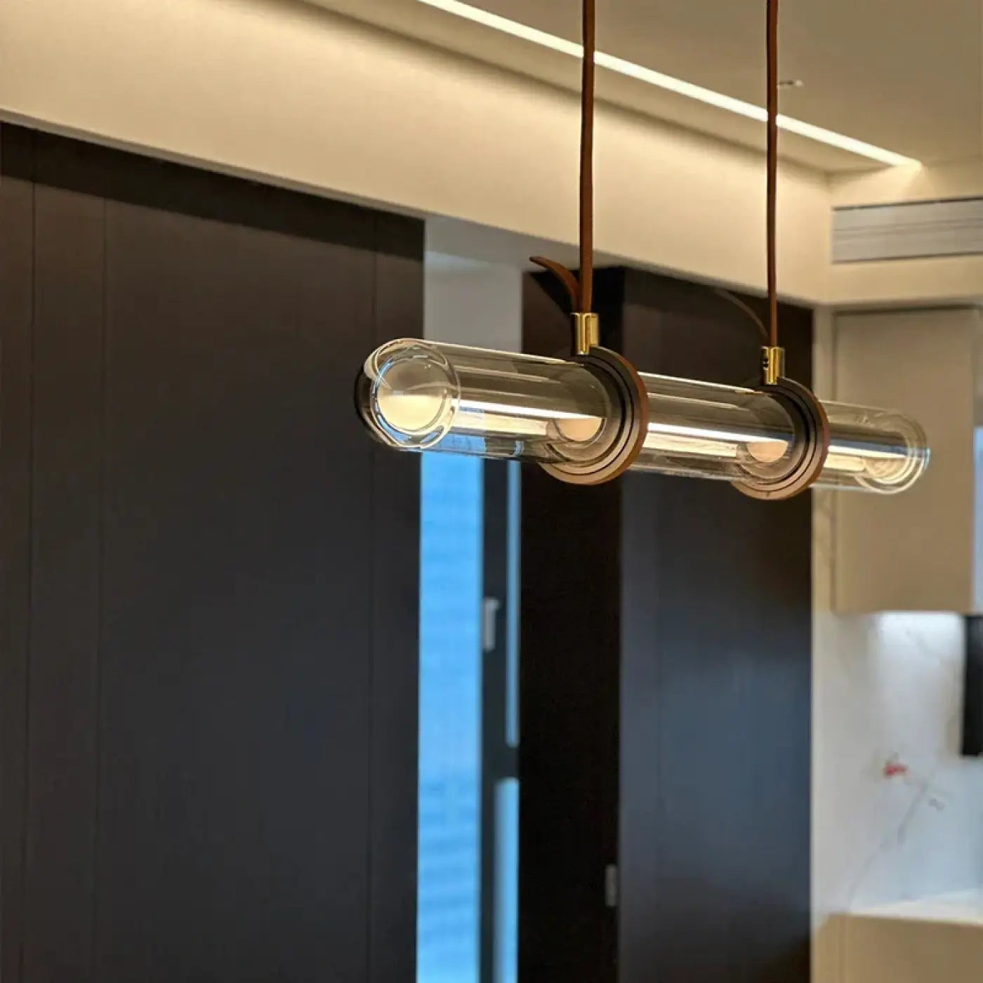 Leather Glass Linear Pendant Light E27 Brown S/M