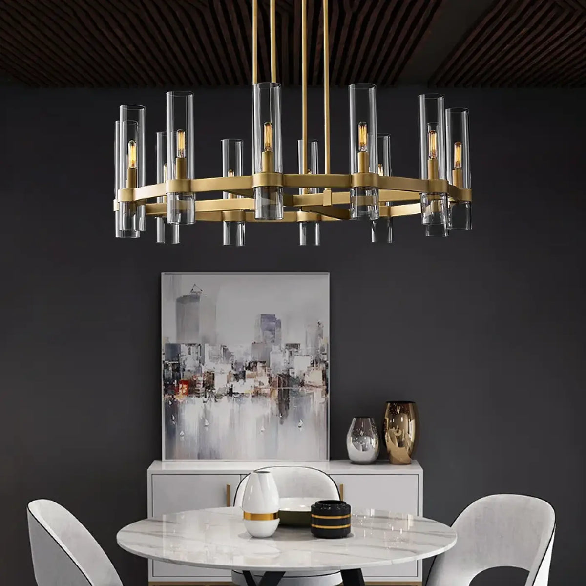 Art Deco Cylindrical Glass Brass Pendant Light E27 Clear Gold S/M/L
