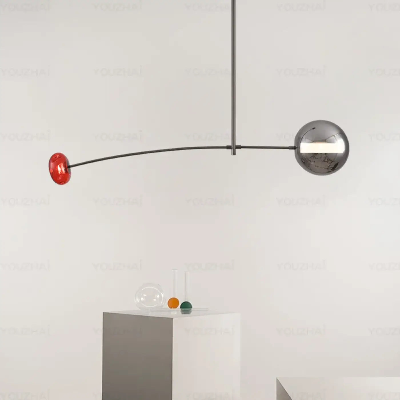 Art Deco Linear Pendant Light Metal Acrylic E27 Silver Red