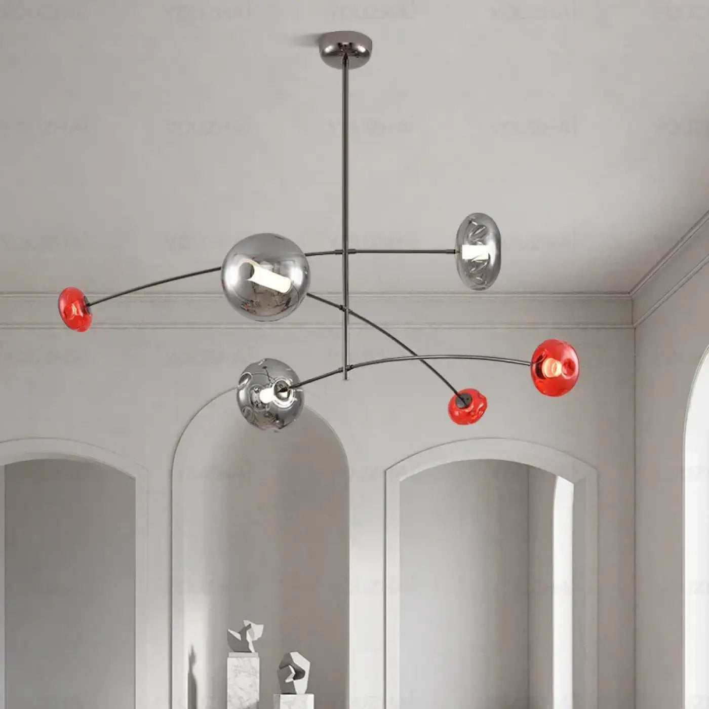 Art Deco Linear Pendant Light Metal Acrylic E27 Silver Red