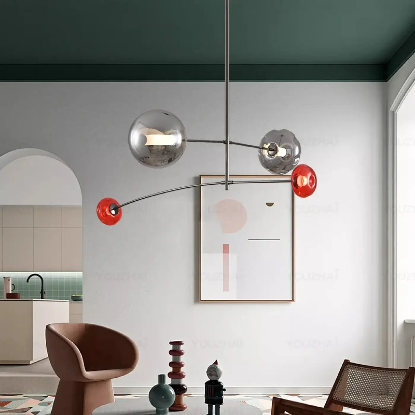 Art Deco Linear Pendant Light Metal Acrylic E27 Silver Red