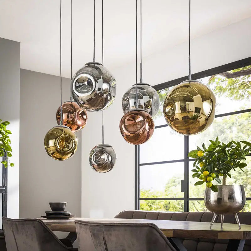 Handmade Glass Globe Pendant Light 7 Shades Gold Copper Chrome E27 W130cm