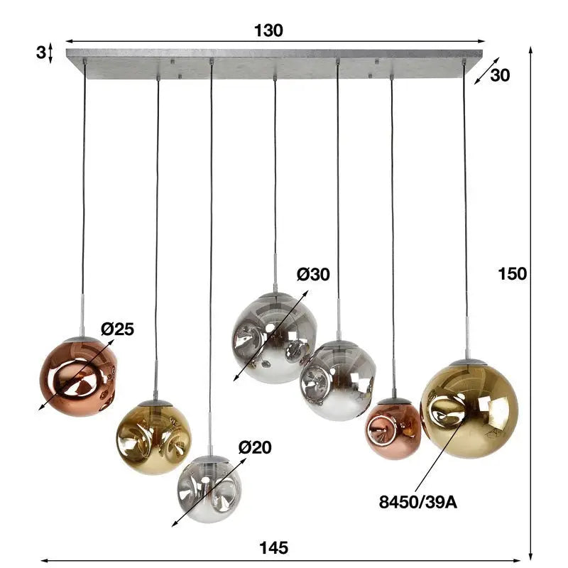 Handmade Glass Globe Pendant Light 7 Shades Gold Copper Chrome E27 W130cm