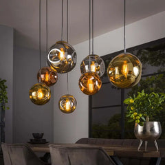 Handmade Glass Globe Pendant Light 7 Shades Gold Copper Chrome E27 W130cm
