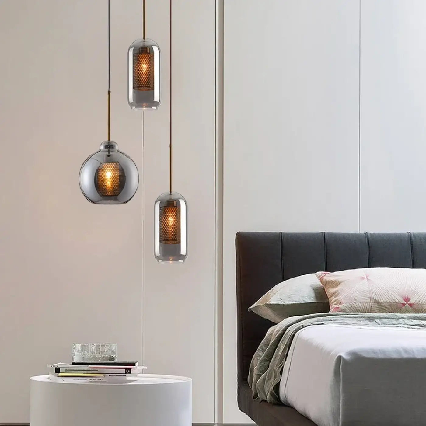 Smoked Glass Metal Pendant Light E27 Black White 5 Sizes