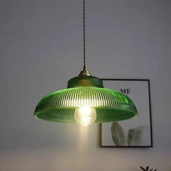Ribbed Glass Globe Pendant Light E27 Transparent Green Amber