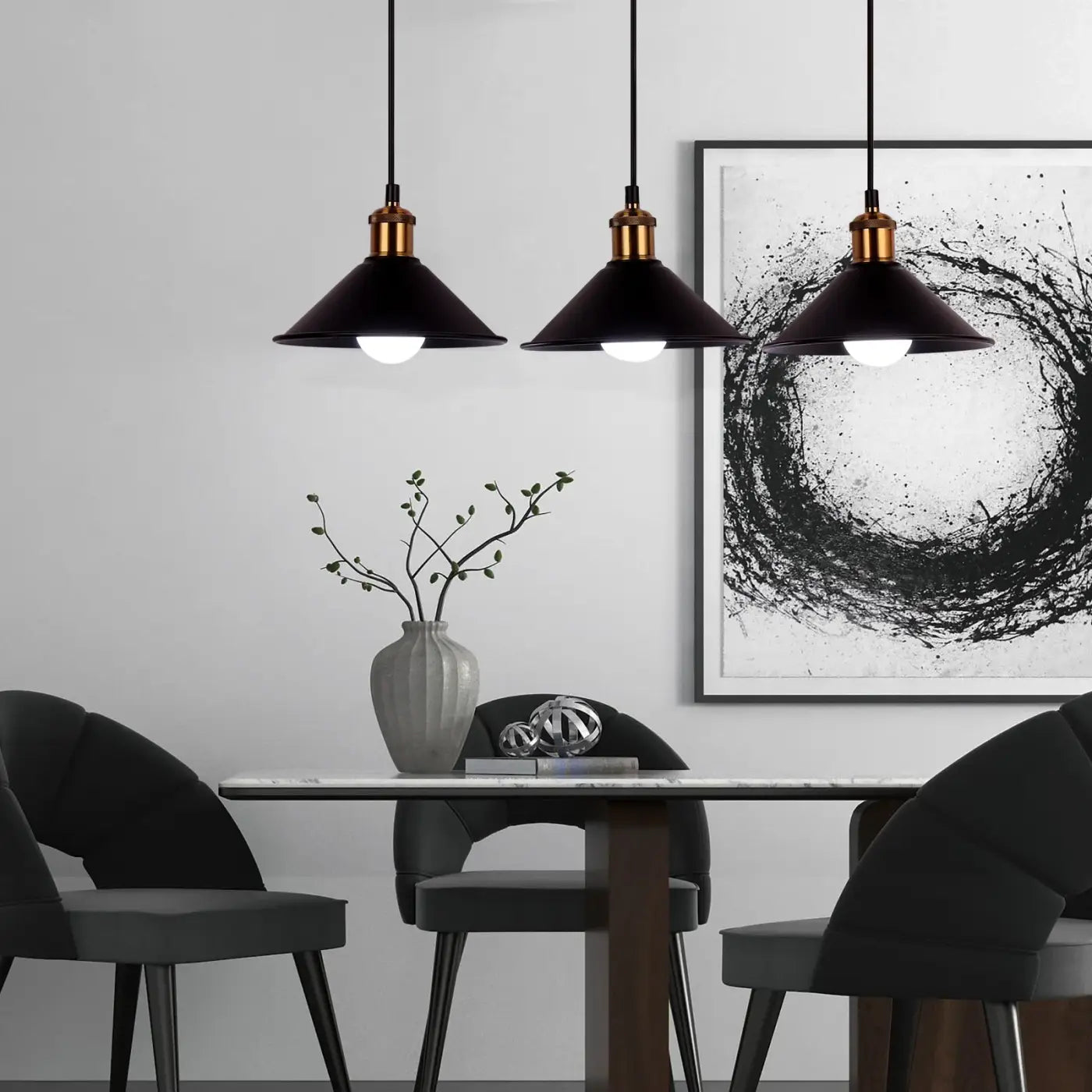 3-Light Vintage Industrial Pendant Light E26 Black Metal