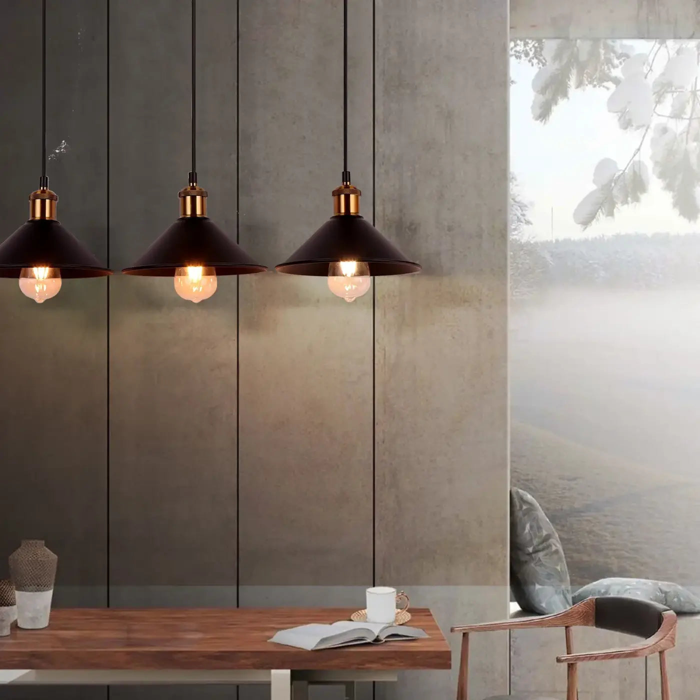 3-Light Vintage Industrial Pendant Light E26 Black Metal