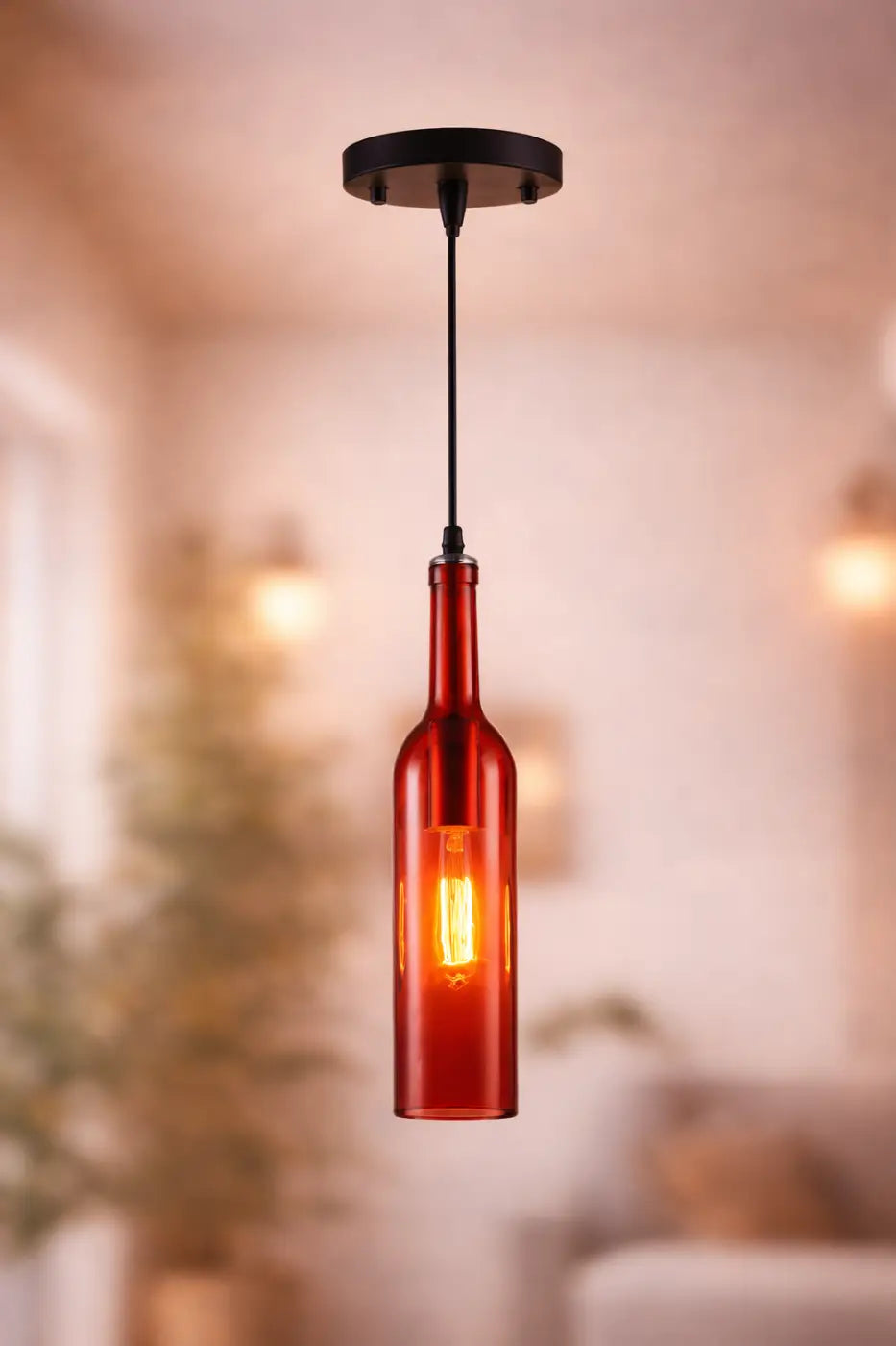 Flask — Coloured Glass Bottle Pendant Light, Vintage, Red / Yellow / Brown / Blue