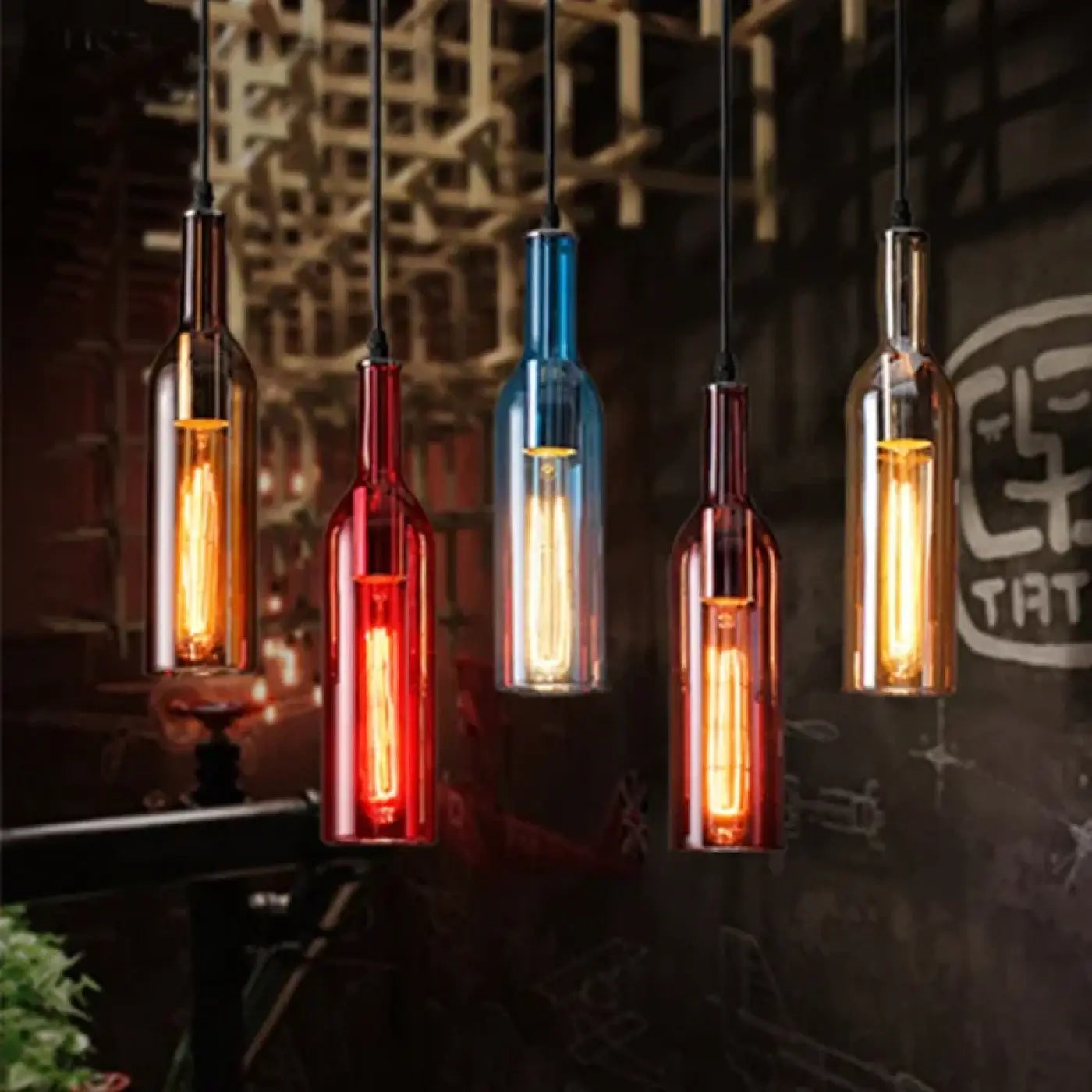 Flask — Coloured Glass Bottle Pendant Light, Vintage, Red / Yellow / Brown / Blue