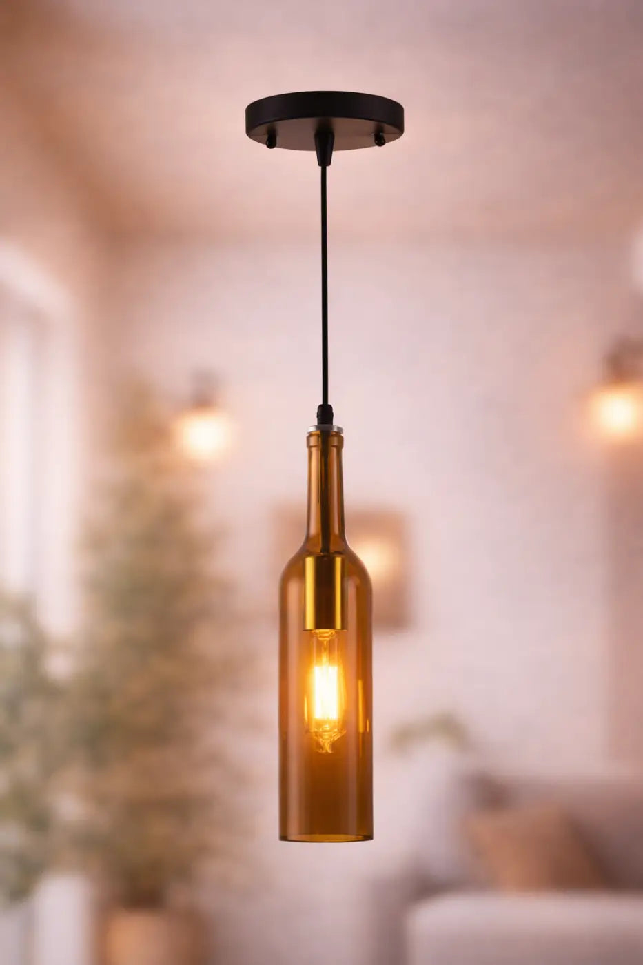 Flask — Coloured Glass Bottle Pendant Light, Vintage, Red / Yellow / Brown / Blue