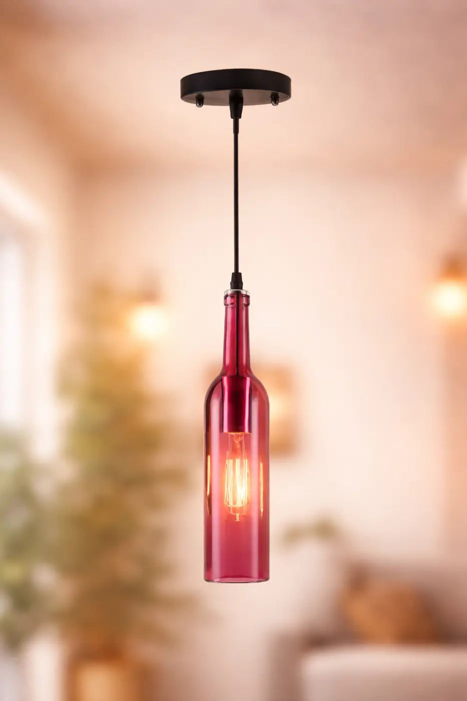 Flask — Coloured Glass Bottle Pendant Light, Vintage, Red / Yellow / Brown / Blue