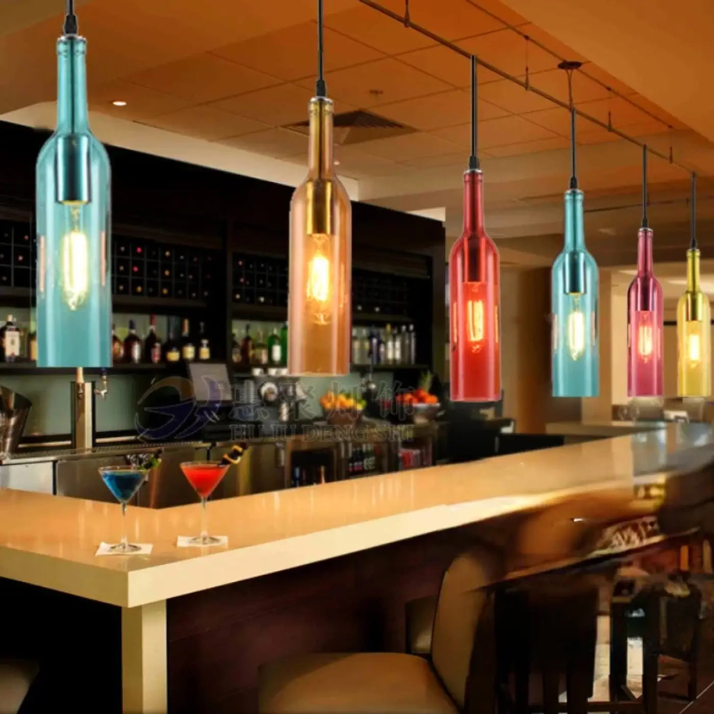 Flask — Coloured Glass Bottle Pendant Light, Vintage, Red / Yellow / Brown / Blue