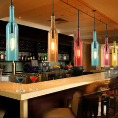 Flask — Coloured Glass Bottle Pendant Light, Vintage, Red / Yellow / Brown / Blue