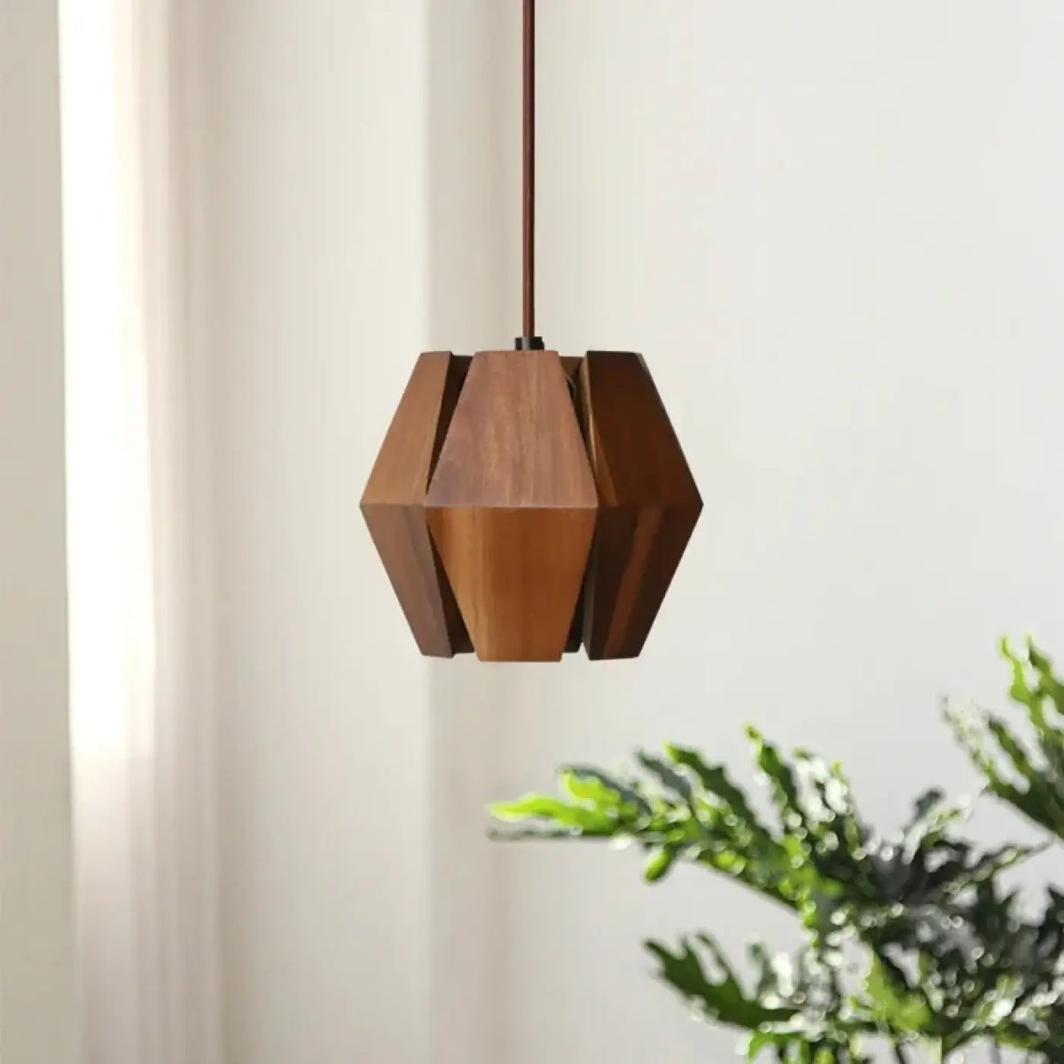 Geometric Wood & Metal Pendant Light LED Brown S/M
