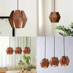 Geometric Wood & Metal Pendant Light LED Brown S/M