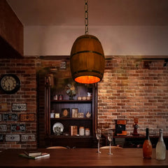 Industrial Wood Barrel Pendant Light E26 — Brown, 3000K LED Included