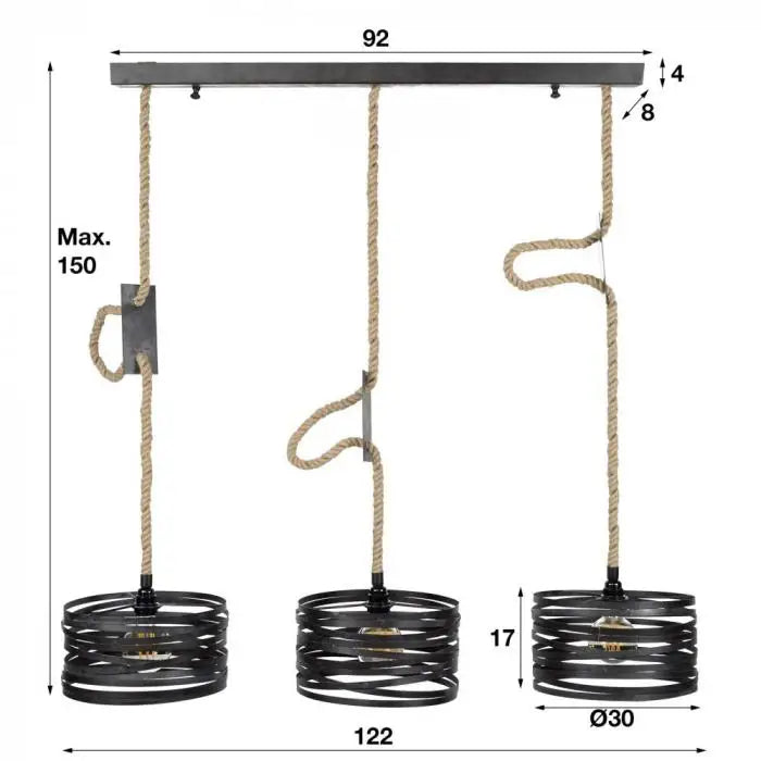 Industrial Ribbon Pendant Light 3 Slate Grey Metal Shades E27 Ø122cm