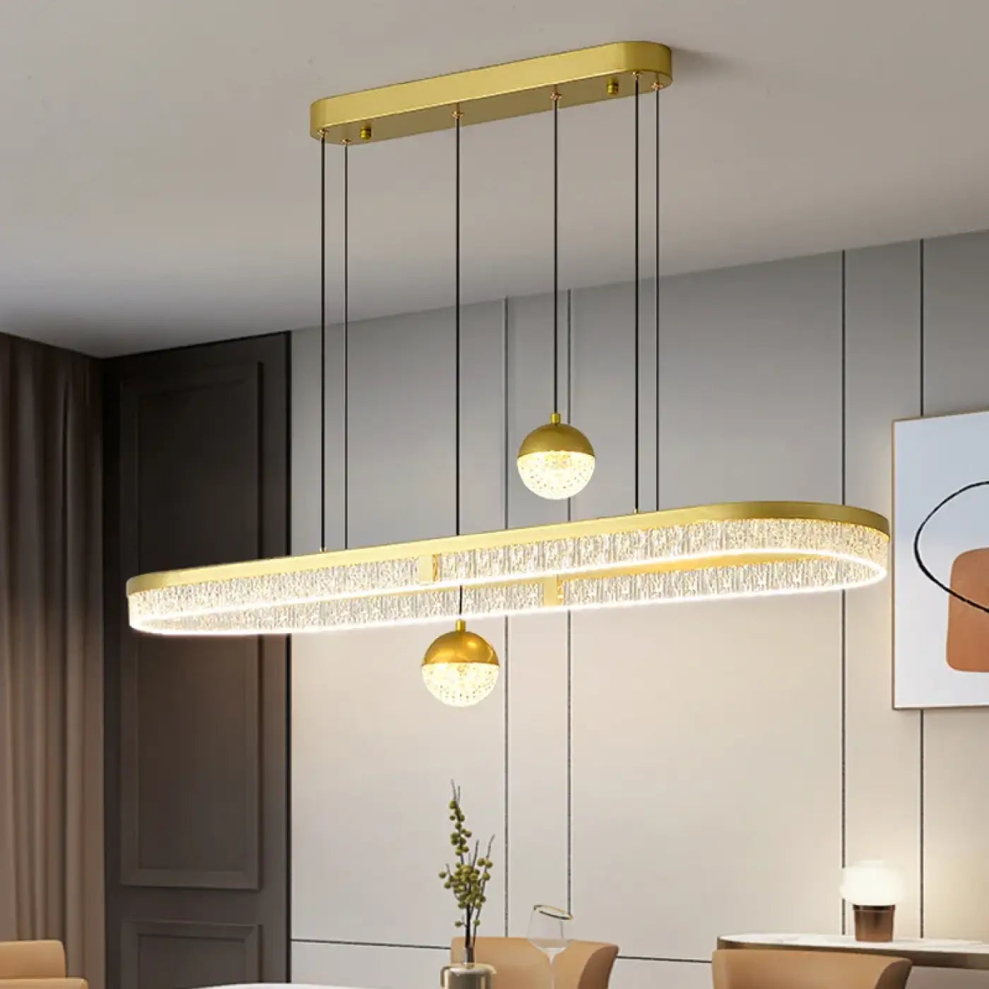 Oval Crystal Ball Pendant Light E27 Dimmable Black Gold 100cm