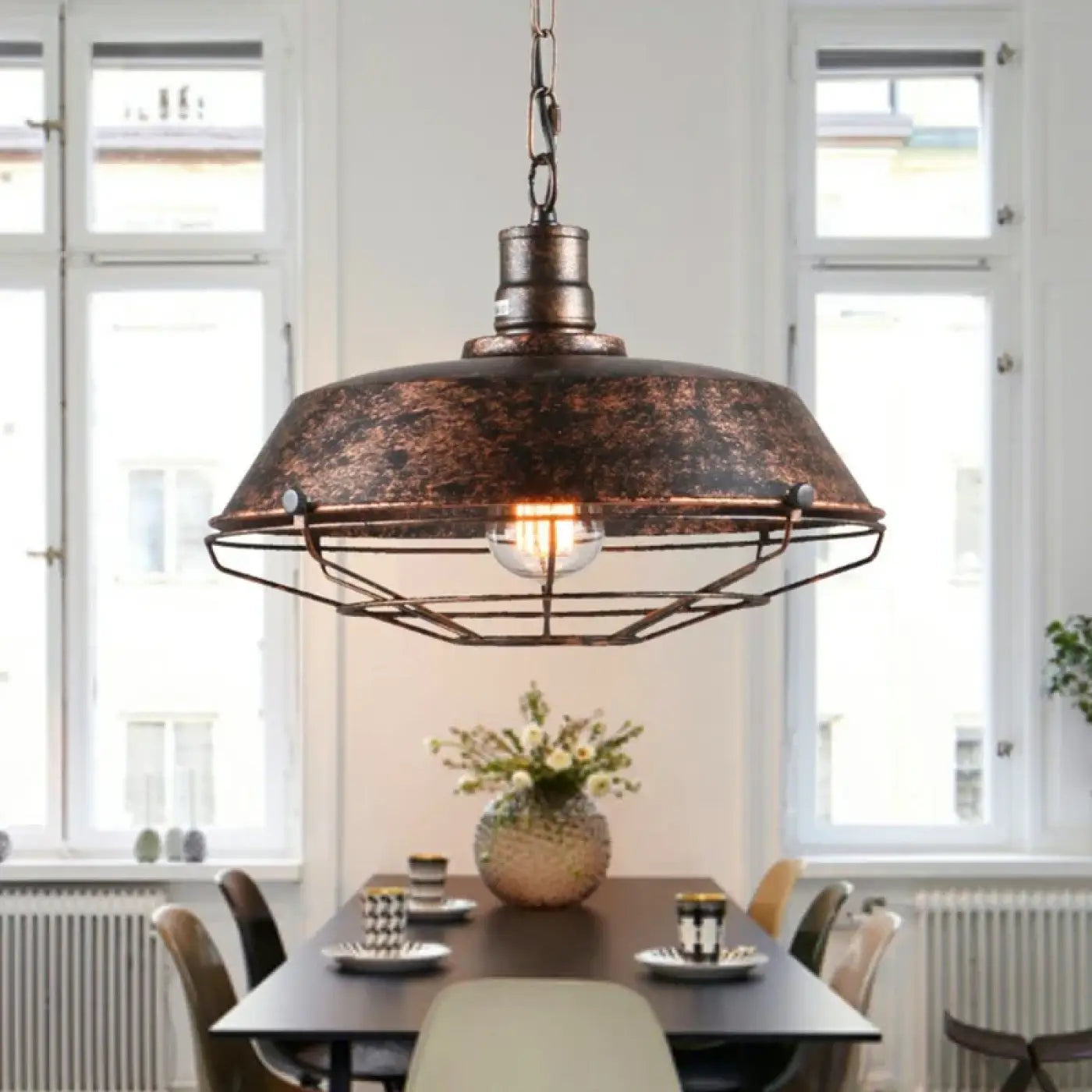 Flat Bell Industrial Pendant Light E27 Metal Brown Black Bronze 28cm