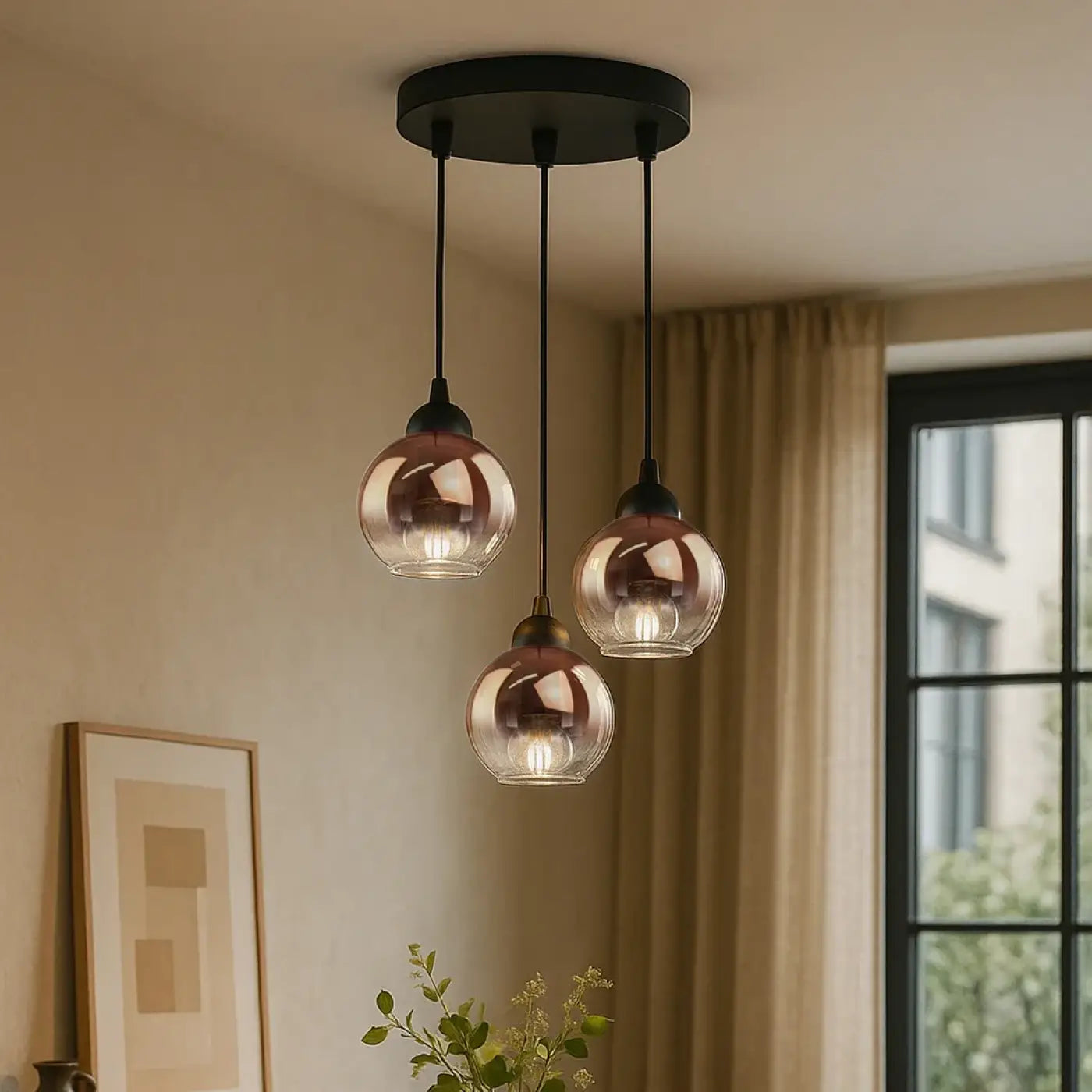 Amber Glass Vintage Pendant Light E27 Metal Frame